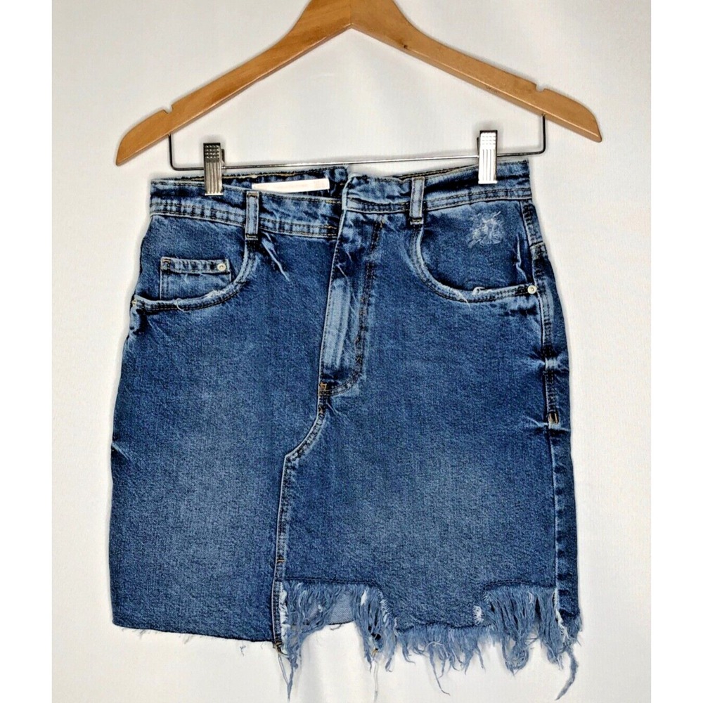 Zara Denim Skirt S Blue Trafaluc Mini Asymmetrical Frayed Hem Distressed Rise